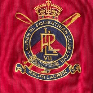 Ralph Lauren Equestrian Club Red Waffle Knit Top Crest Patch